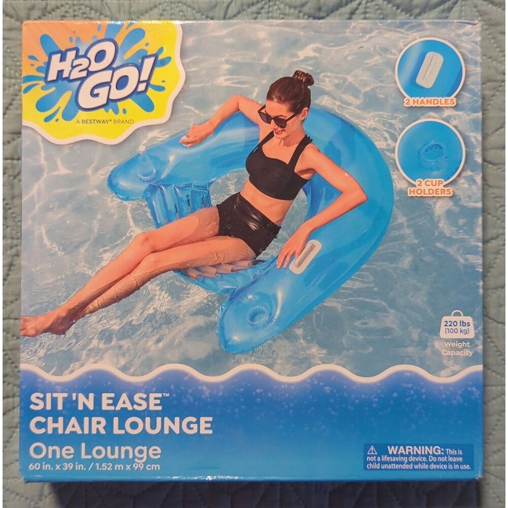 H2O Go! SIT 'N EASE Chair Lounge Pool Water Float BLUE 2 Handles 2 Cup Holders